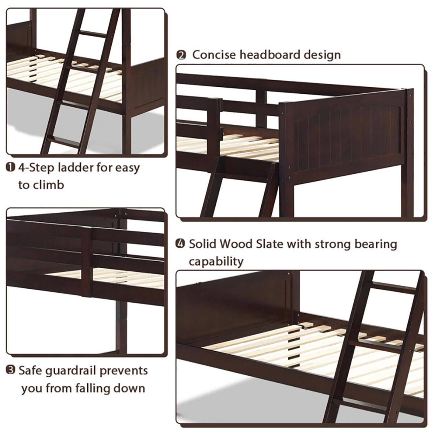 1. 4-Step ladder for easy to climb  
2. Concise headboard design  
3. Safe guardrail prevents you from falling down  
4. Solid Wood Slate with strong bearing capability