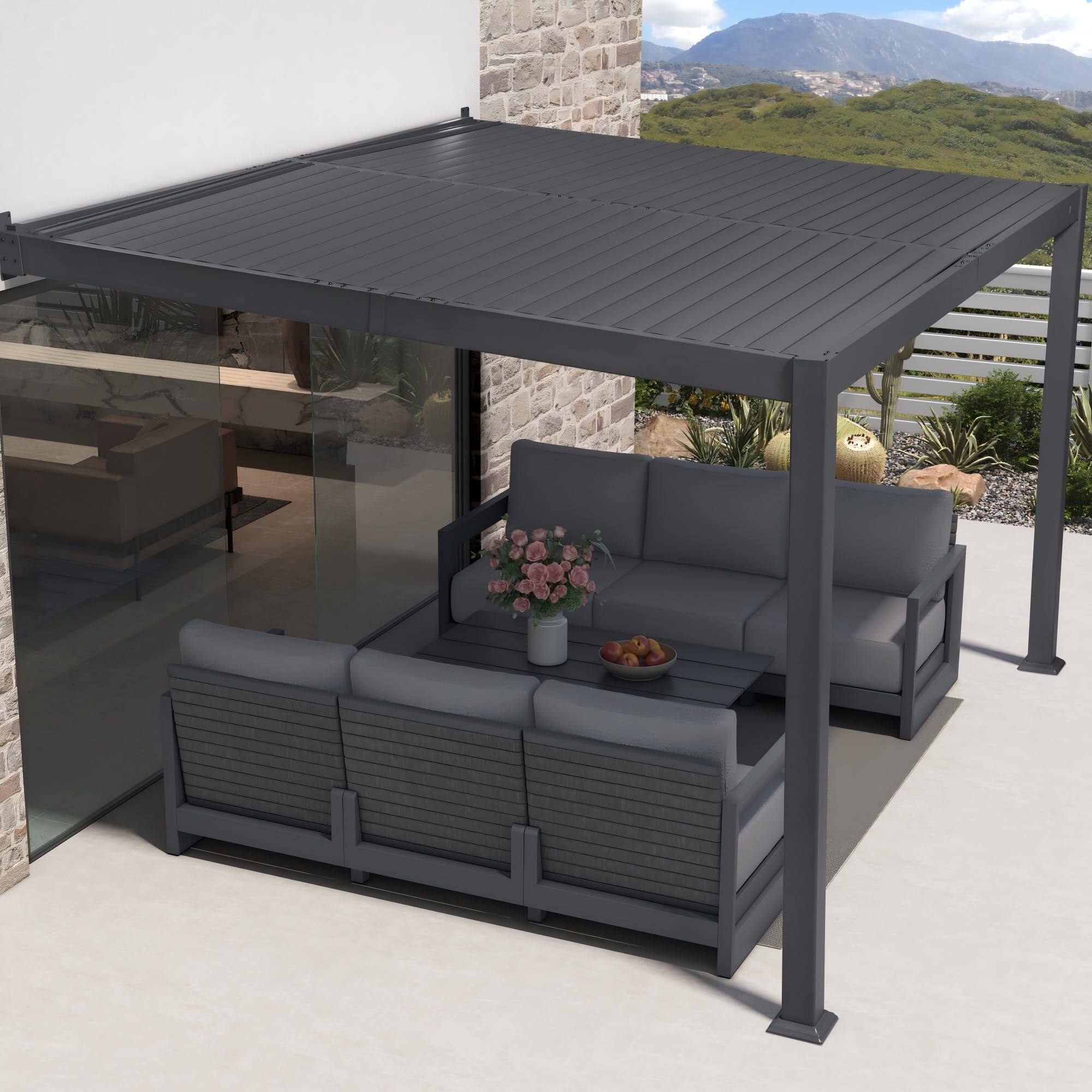 Back. PURPLE LEAF - Wall Mounted Louvered Pergola All-Aluminum Patio Cover with Adjustable Roof Hidden Gutter Drainage for Patio Garden Yard - 8'×12'.