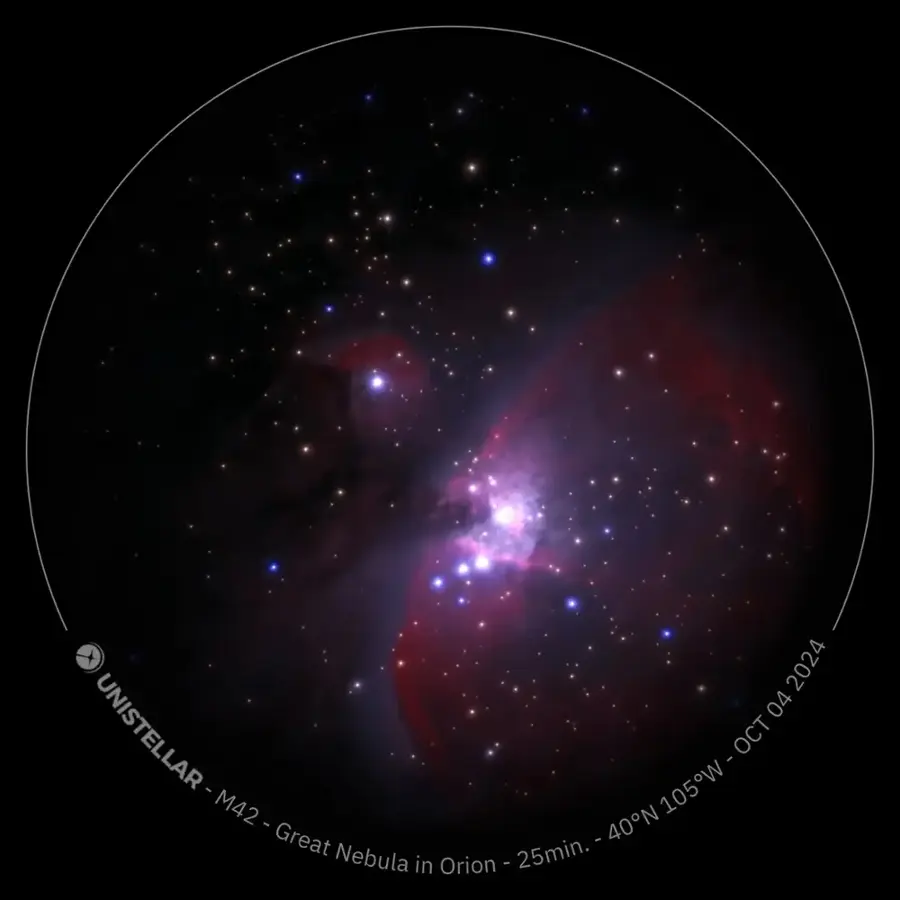 The text on the image reads: "2024 04 UNISTELLAR - 105W I OCT M42 I 40N Great Nebula 25min. - in I Orion." This text is grouped and corrected as follows:

"2024 04 UNISTELLAR - 105W I OCT M42 I 40N Great Nebula in Orion - 25min."