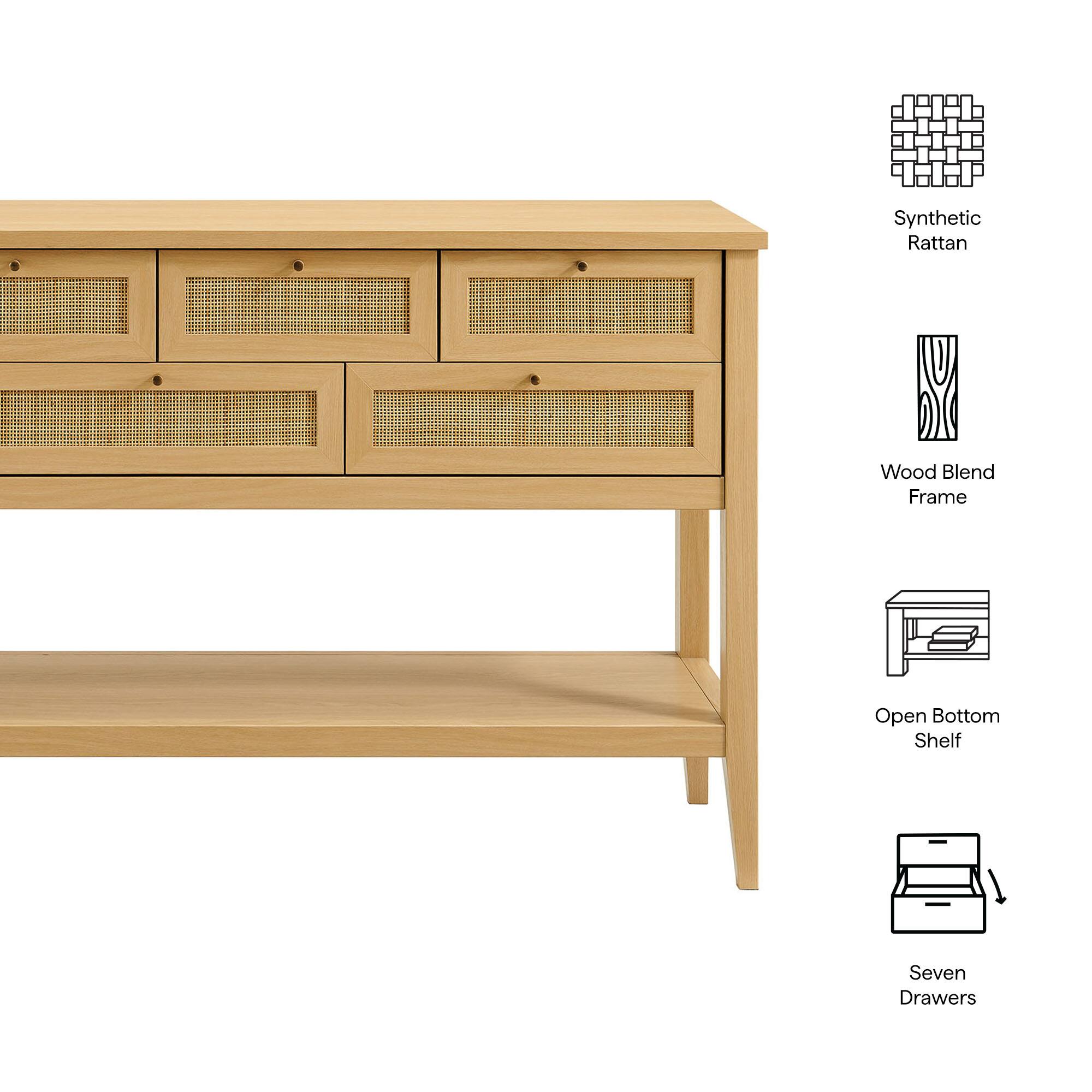 Synthetic Rattan Wood Blend Frame Open Bottom Shelf Seven Drawers