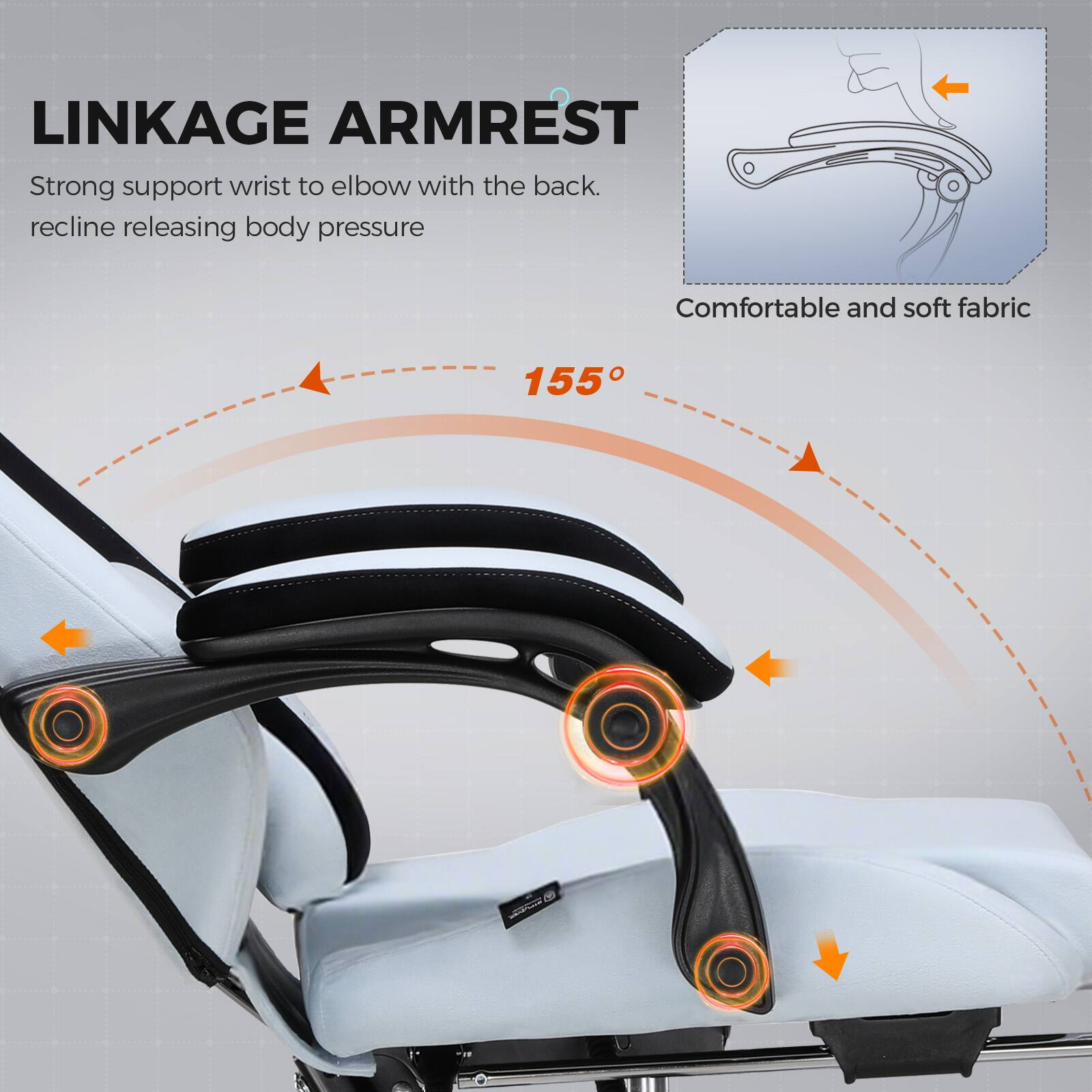 LINKAGE ARMREST

Strong support wrist to elbow with the back. recline releasing body pressure

Comfortable and soft fabric

155°