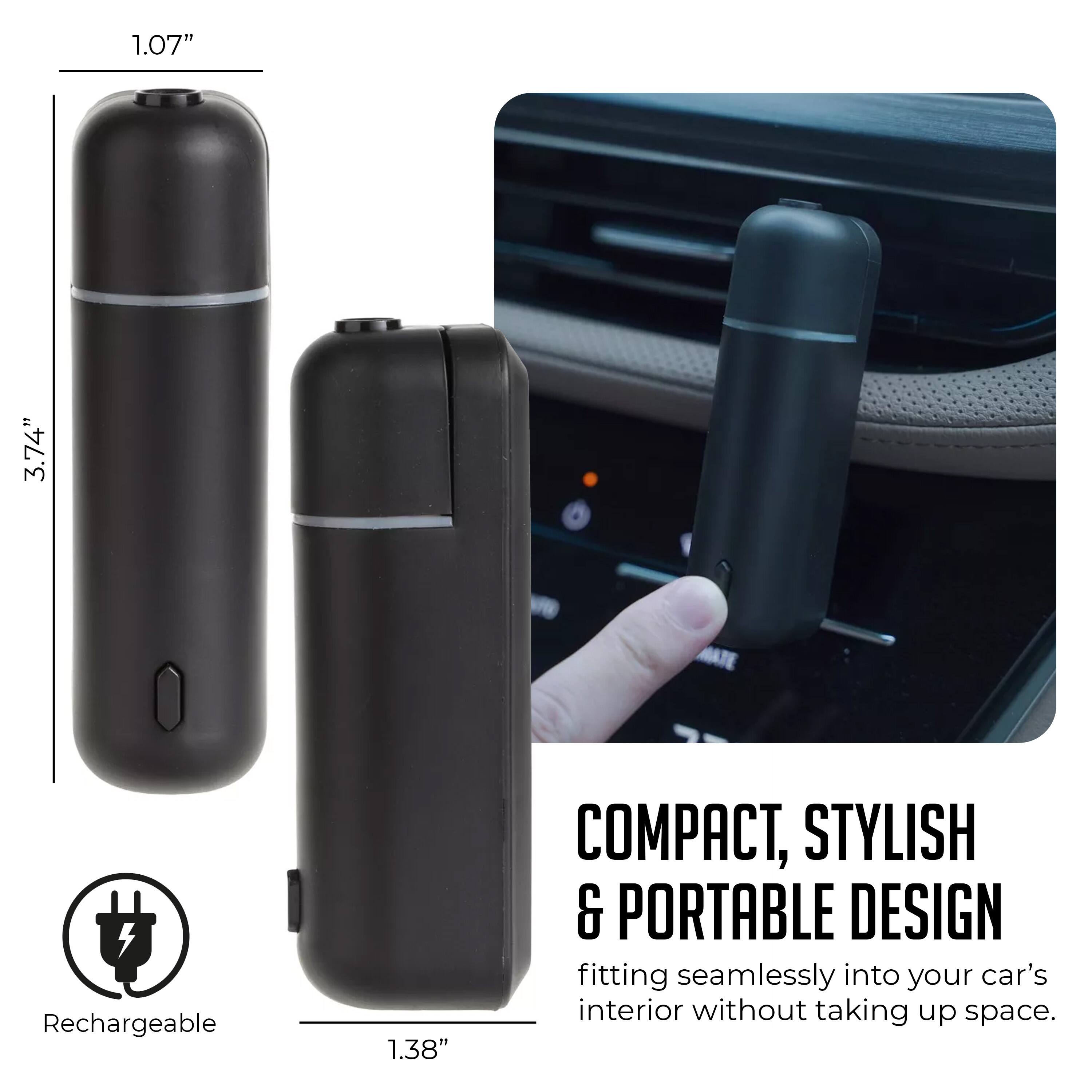 1.07" 3.74" 4 Rechargeable 1.38" COMPACT, STYLISH & PORTABLE DESIGN fitting seamlessly into your car's interior without taking up space.