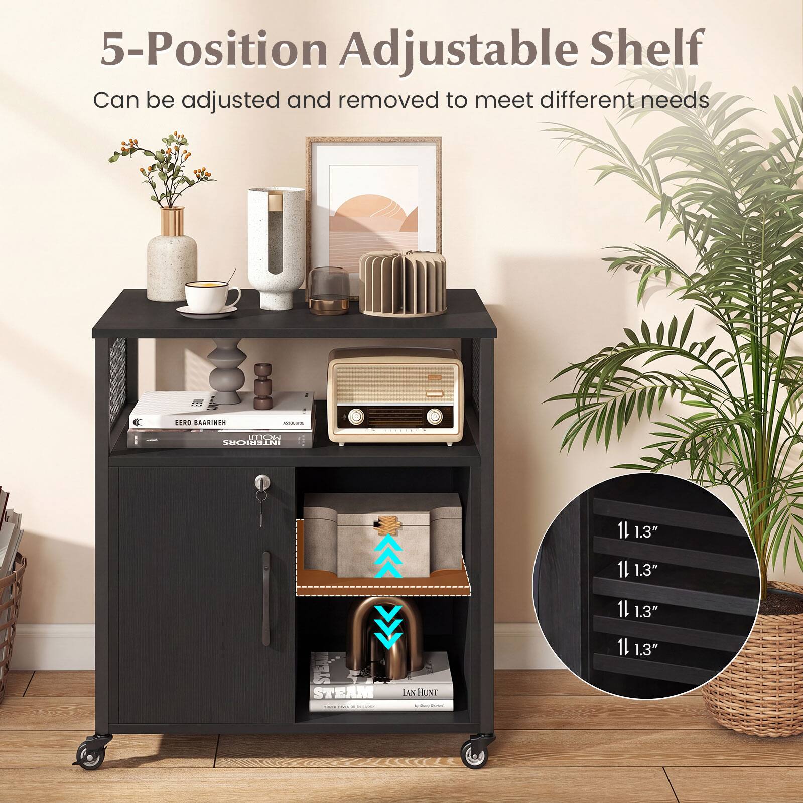 5-Position Adjustable Shelf  
Can be adjusted and removed to meet different needs  

LERO BAARINEN - OL INTERIORS  

1 1.3"  
1 1.3"  
1 1.3"  
1 1.3"  

STEAM  
LAN HUNT