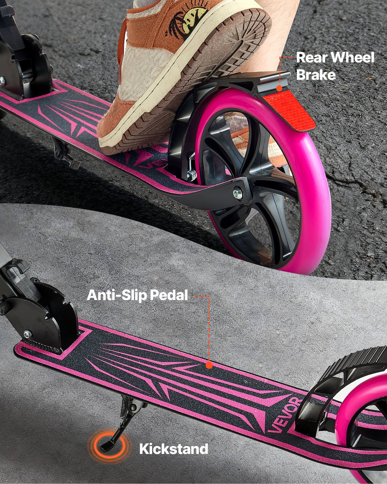 - Rear Wheel Brake
- Anti-Slip Pedal
- Kickstand
- VEVOR