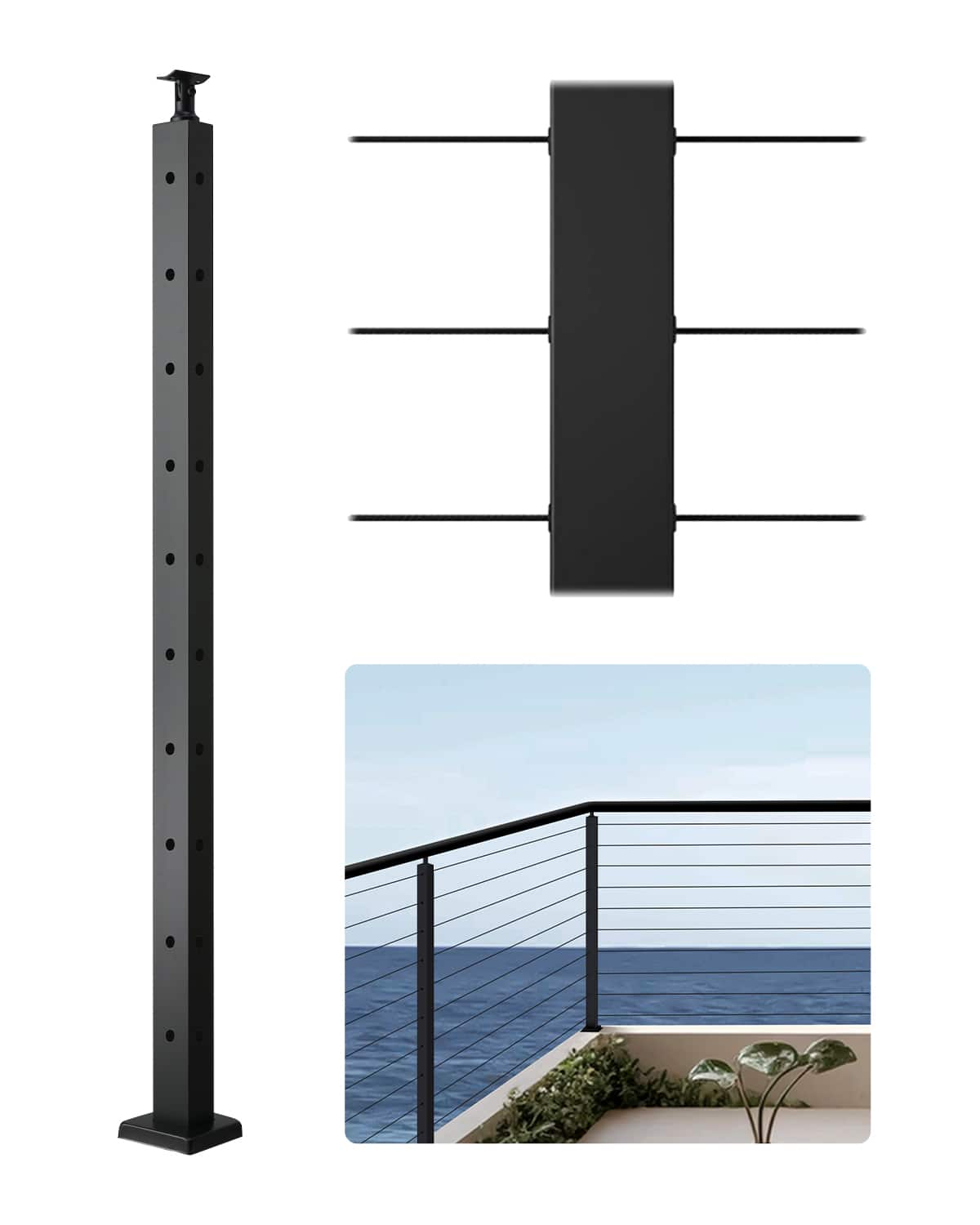 VEVOR - Cable Railing Post, 36x1x2 Inch Corner Railing Post, with L-Shaped Pre-Drilled Holes, Stainless Steel Cable Rail Post - Black