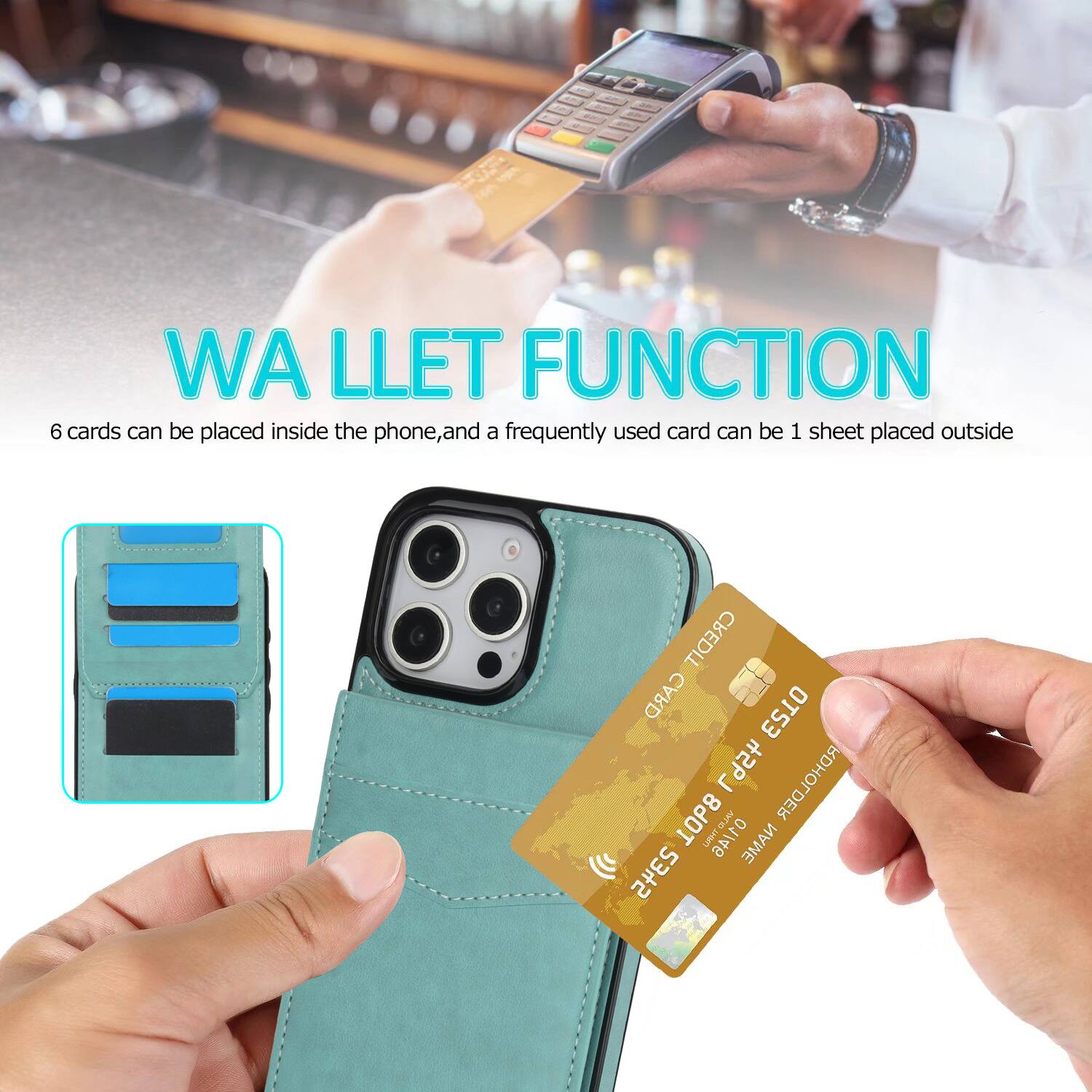WA LLET FUNCTION  
6 cards can be placed inside the phone, and a frequently used card can be 1 sheet placed outside  
CREDIT CARD HOLDER  
ANTID NAME
