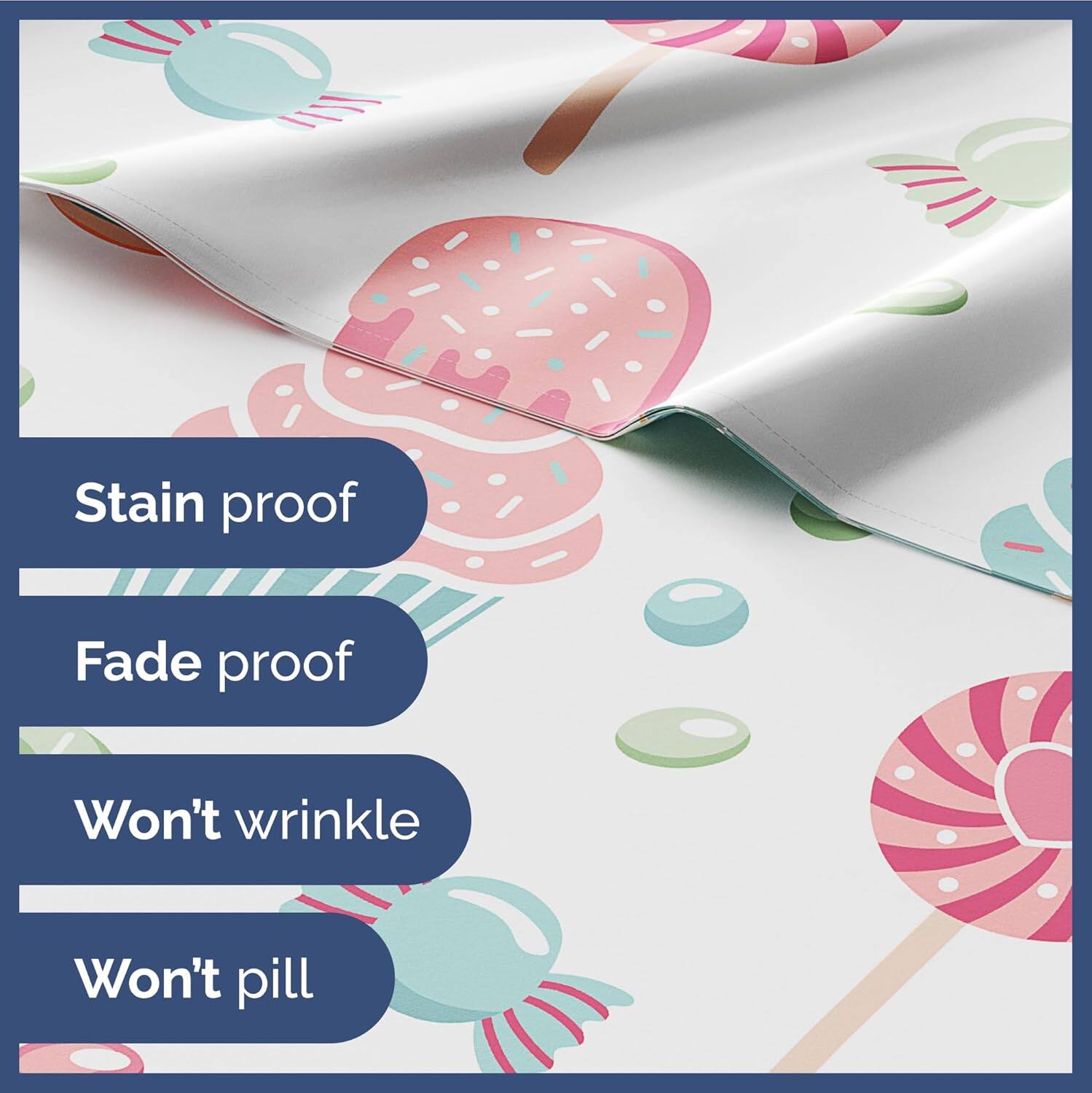 Stain proof  
Fade proof  
Won't wrinkle  
Won't pill