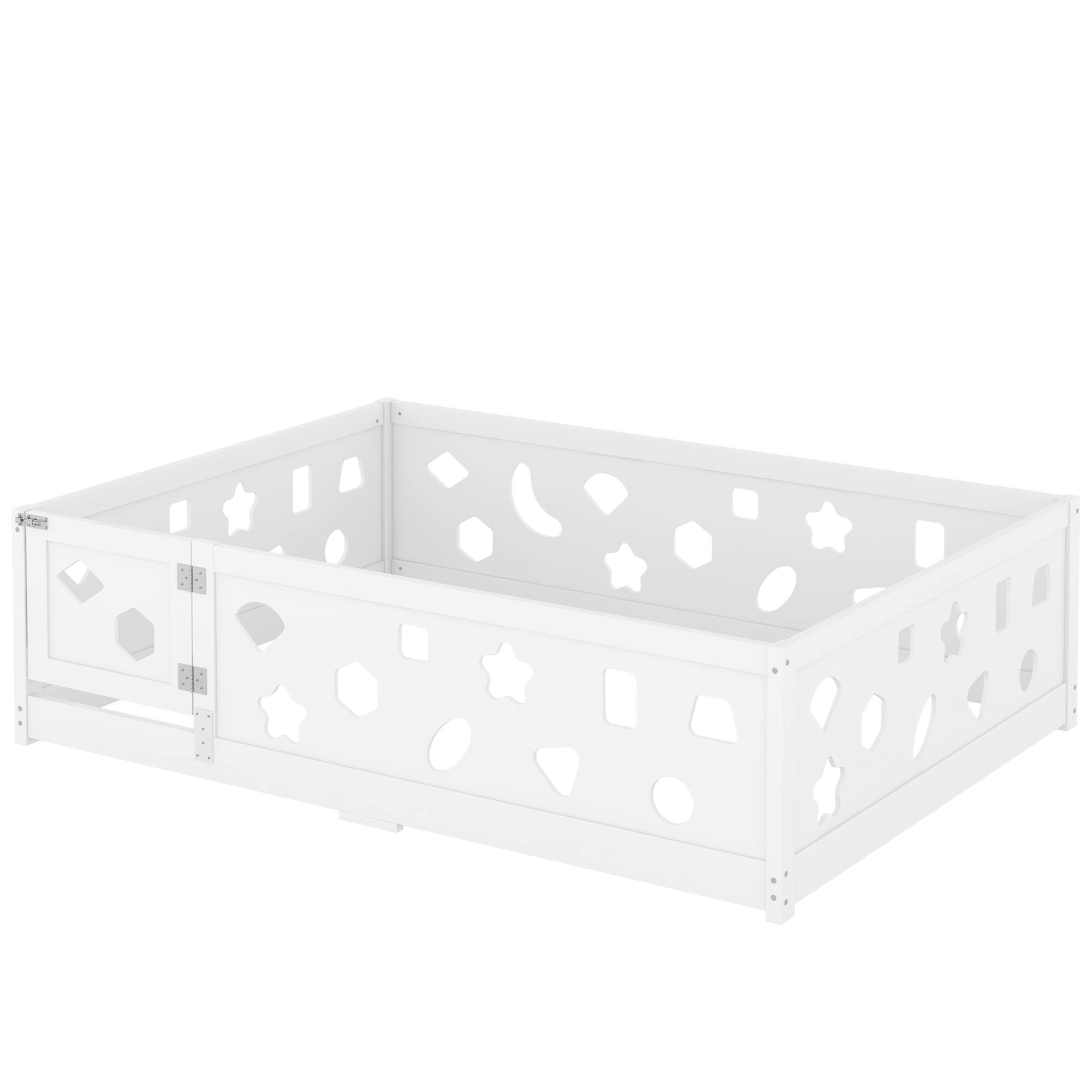 Alt View 7. Tiramisubest - Full Size Floor Bed with Heightened Safety Guardrails and Door, Solid Wood Bedframe with Rails No Slats Included, White - White.