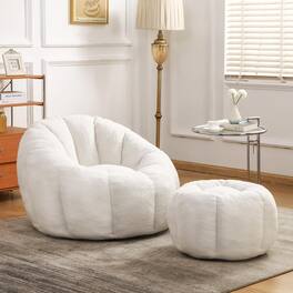 Trinkets Crazed - Tufted Teddy Plush Bean Bag Chair & Footrest Ottoman, Oversized Comfy Lounge Sofa - White