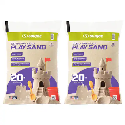 SUNJOE
ULTRA FINE SILICA PLAY SAND
3+ Ages
Clean + Natural
Hands-On Sand Fun For Everyone
Great For Home, Classroom + Therapy Use
20 lb
NET WT 9.1 KG
USA