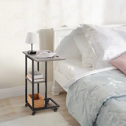 Front. Oumilen - Foldable C-Shaped Side Table with Wheels, Grey Wood-Grain End Table - Grey.
