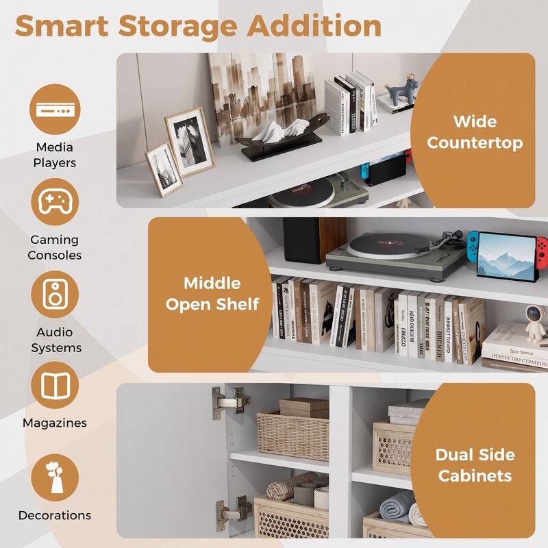 Smart Storage Addition

- Media Players
- Gaming Consoles
- Audio Systems
- Magazines
- Decorations

Wide Countertop

Middle Open Shelf

Dual Side Cabinets

WWW.ANFIKACO
GICK DAVOTIO
TIACK
201 OVELLE FUTA E GEA
HEACED
DIDOCT TIKXTO
2pon Mexico
