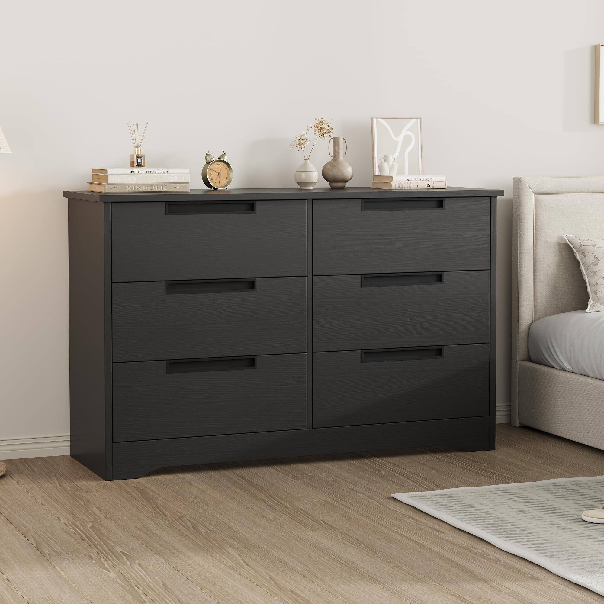 Alt View 6. Acekool - 6 Drawer Dresser for Bedroom, Natural Modern Double Dresser Organizer with Embedded Handles Design - Black.