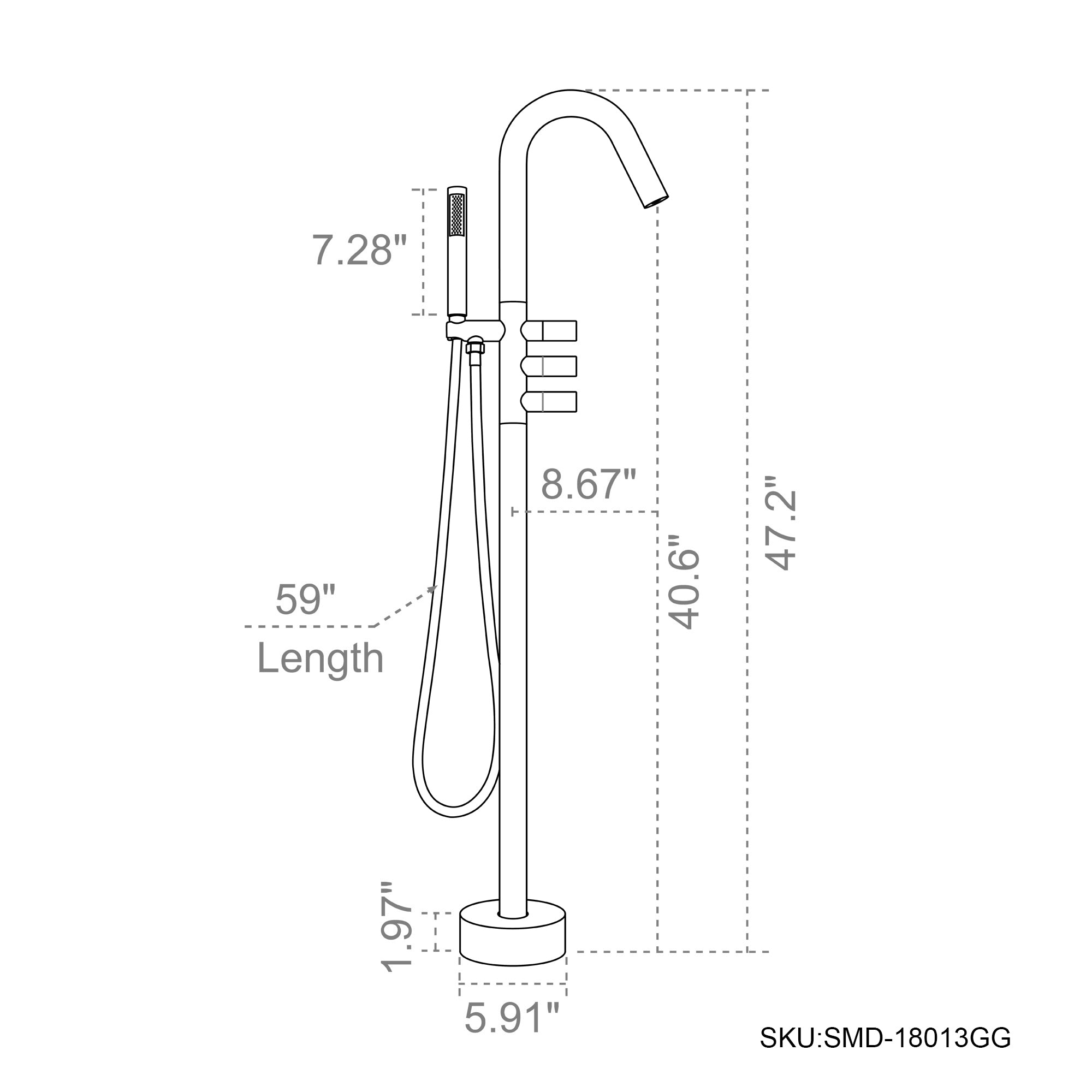 7.28", 59" Length, 8.67", 40.6", 47.2", 1.97", 5.91", SKU:SMD-18013GG