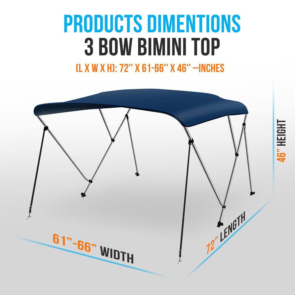 PRODUCTS DIMENSIONS  
3 BOW BIMINI TOP  
(L X W X H): 72" X 61-66" X 46" - INCHES  

HEIGHT: 46"  
WIDTH: 61"-66"  
LENGTH: 72"