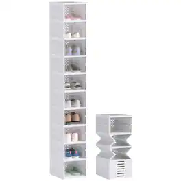 Homcom - 10 Pack Foldable Shoe Organizer, Plastic No Assembly Stackable Shoe Storage Box with Clear Door, Space Saving - White