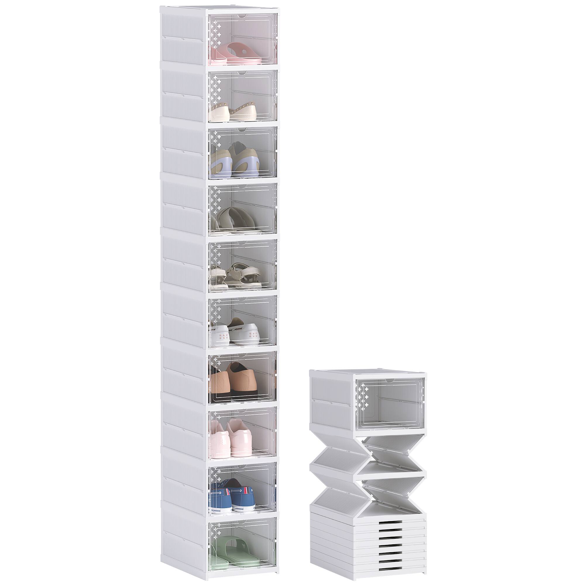 Front. Homcom - 10 Pack Foldable Shoe Organizer, Plastic No Assembly Stackable Shoe Storage Box with Clear Door, Space Saving - White.