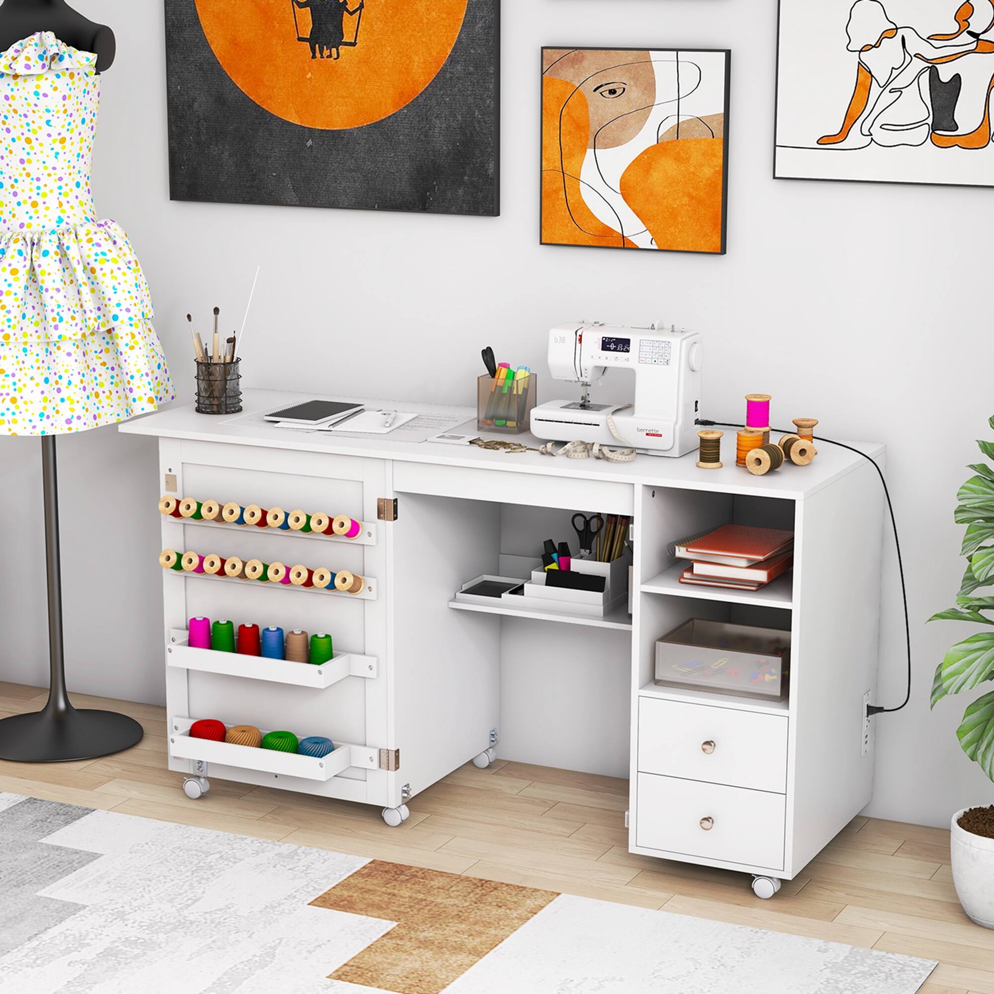 Alt View 3. Costway - Costway Folding Sewing Table Charging Station Multifunctional Sewing Machine Cart Table - White.