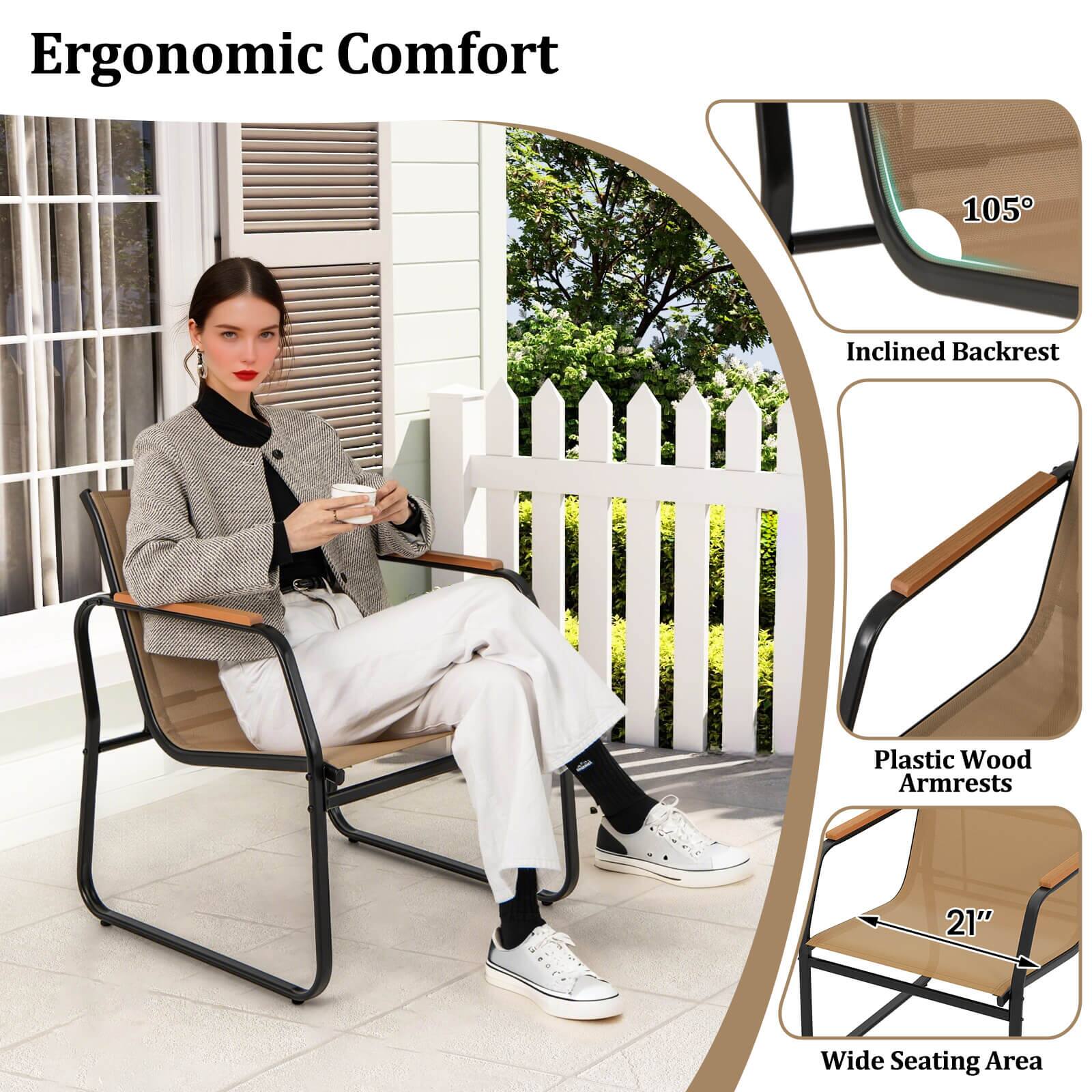 Ergonomic Comfort

- 105° Inclined Backrest
- Plastic Wood Armrests
- 21" Wide Seating Area