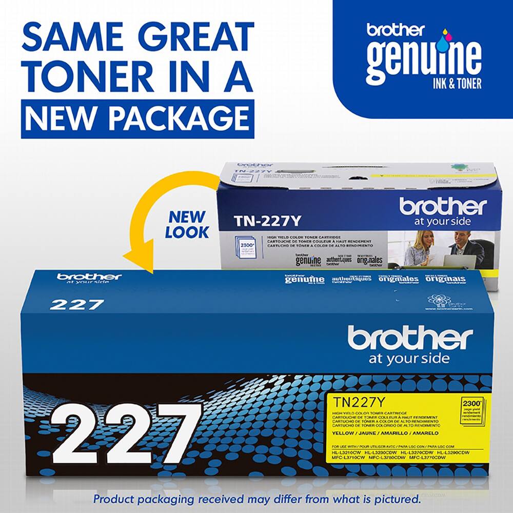 SAME GREAT TONER IN A NEW PACKAGE  
brother genuine INK & TONER  
TN-227Y  
at your side  

NEW TN-227Y  

Product packaging received may differ from what is pictured.