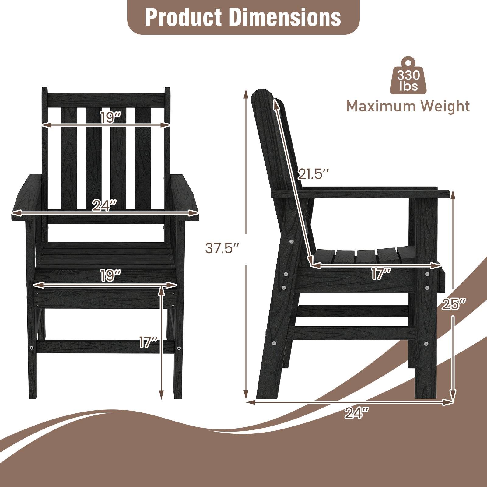 Product Dimensions  
19" x 24" x 19" x 17" x 37.5" x 21.5" x 25" x 24"  
Maximum Weight: 330 lbs