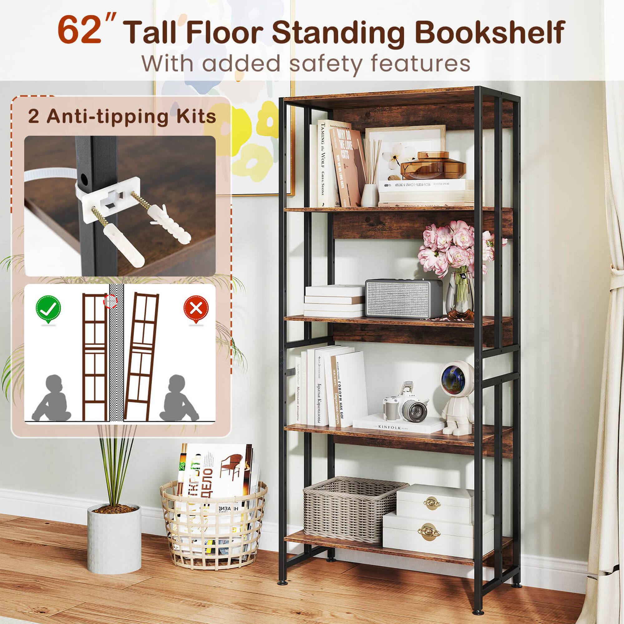 62" Tall Floor Standing Bookshelf With added safety features 2 Anti-tipping Kits