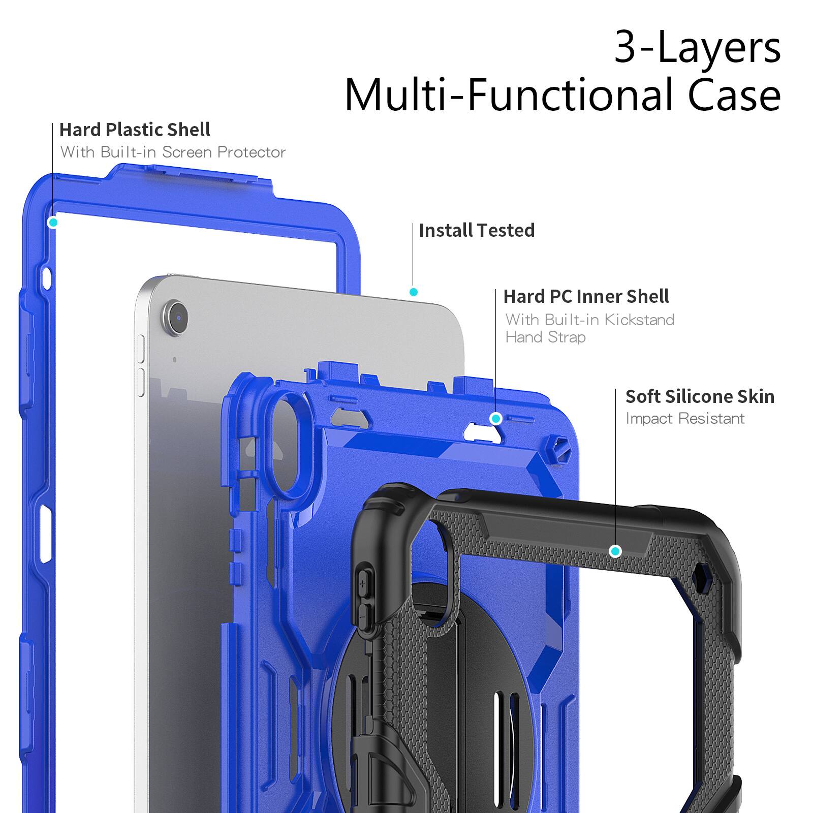 3-Layers Multi-Functional Case Hard Plastic Shell With Built-in Screen Protector Install Tested Hard PC Inner Shell With Built-in Kickstand Hand Strap Soft Silicone Skin Impact Resistant