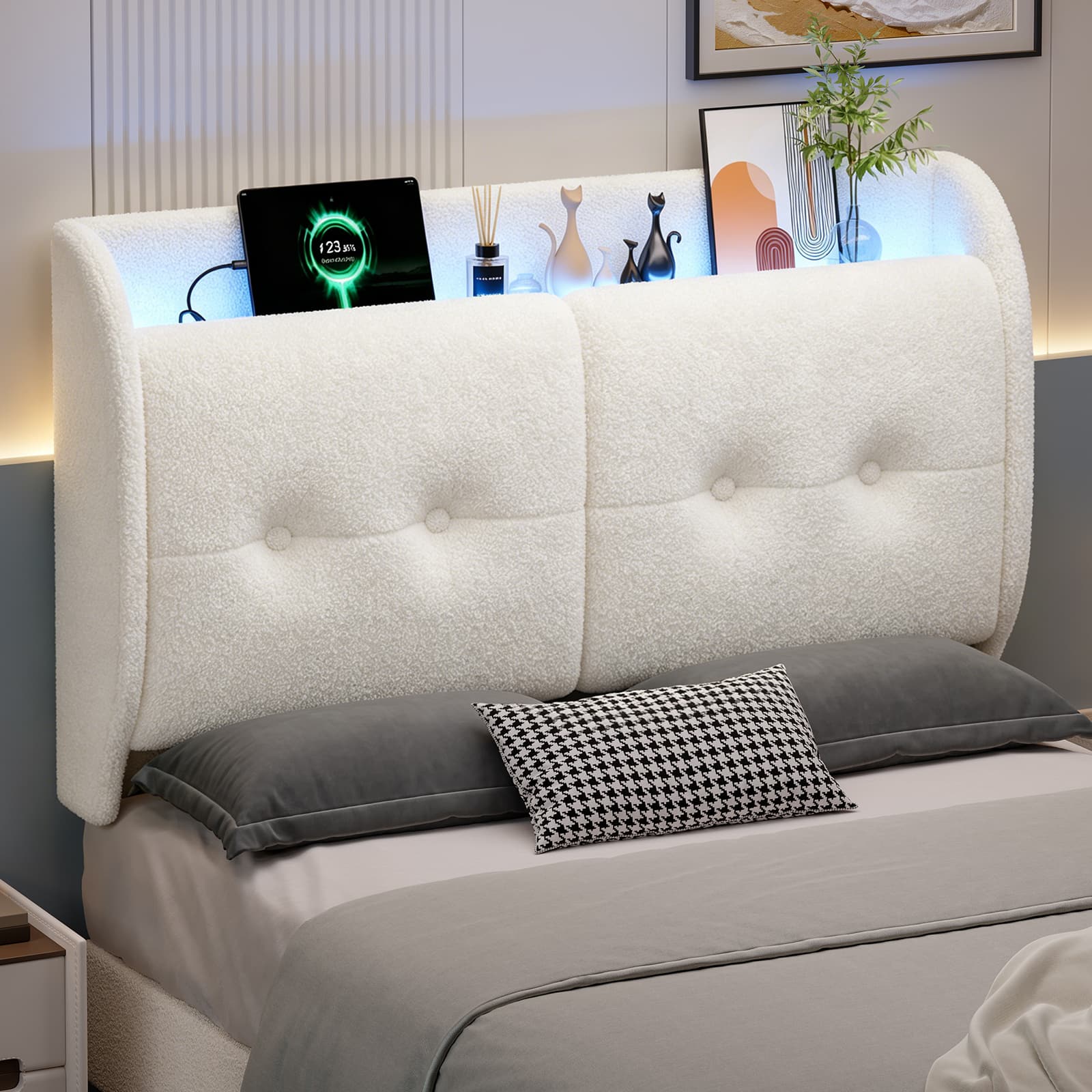 Pinmoco - LED Upholstered Headboard with Storage Shelves, USB Ports - Off-white