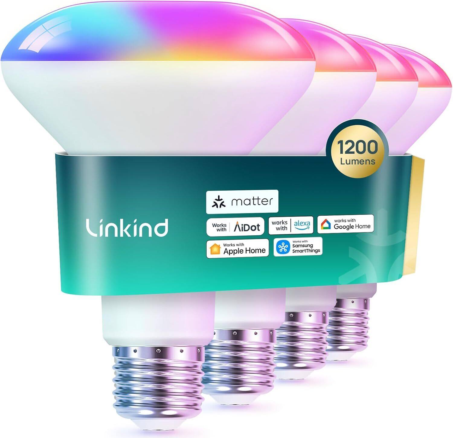 Linkind - BR30 Matter Smart Light Bulb, 1200lm RGBTW (4 Pack) - Multicolor