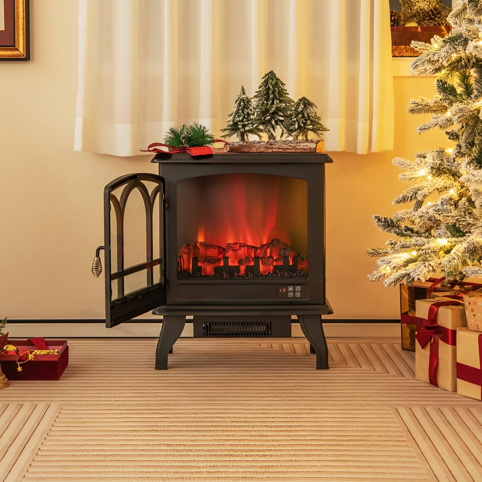 Angle. SKONYON - 1400W Electric Fireplace Heater with Realistic Flame and Adjustable Thermostat - Black.