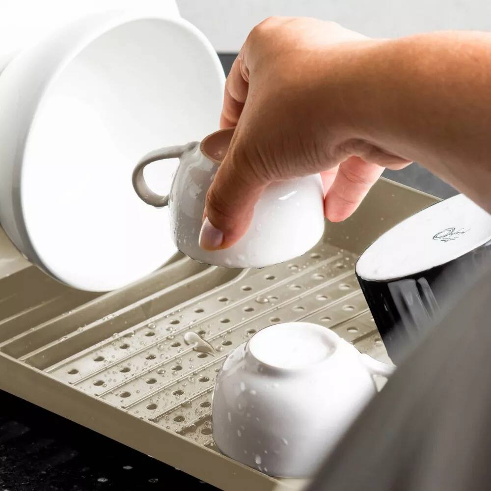 Left. OU - OU Dish Drying Rack, Freestanding Polypropylene Dish Drying Rack with Utensil Holder - 16" x 8" - Beige - Beige.