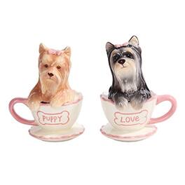 Pacific Trading - Yorkie in Tea Cup Yorkshire Terriers Ceramic Salt and Pepper Shakers Set - Multicolor