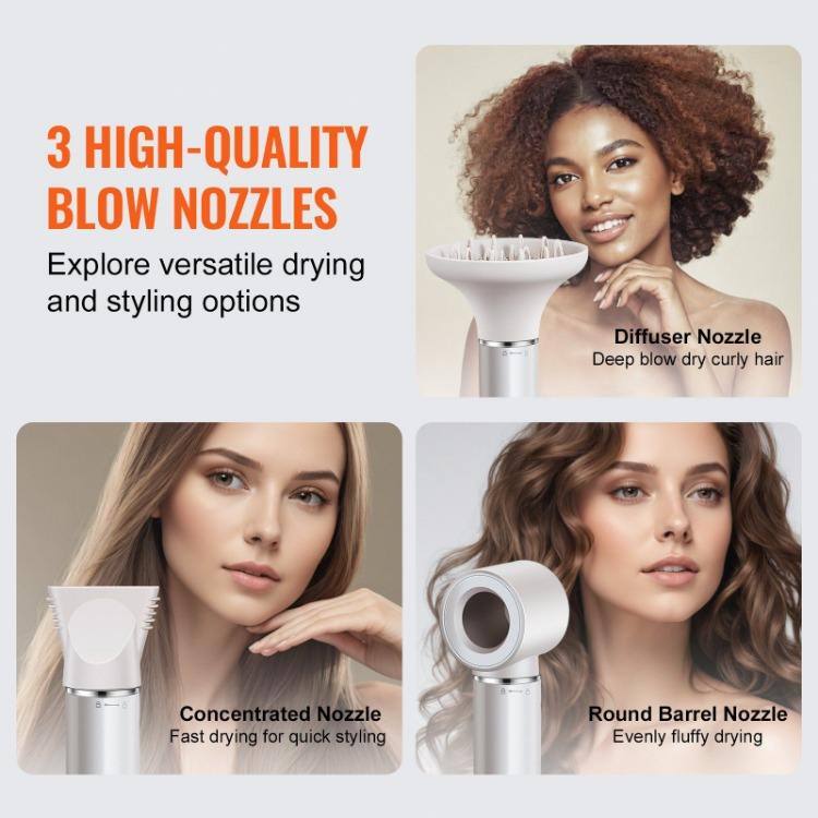 3 HIGH-QUALITY BLOW NOZZLES

Explore versatile drying and styling options

- Diffuser Nozzle
  Deep blow dry curly hair

- Concentrated Nozzle
  Fast drying for quick styling

- Round Barrel Nozzle
  Evenly fluffy drying