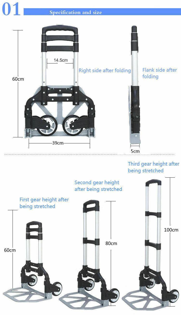 01  
Specification and size  

- Right side after folding: 60cm  
- Flank side after folding: 5cm  
- Width after folding: 39cm  
- Height after folding: 14.5cm  

- First gear height after being stretched: 60cm  
- Second gear height after being stretched: 80cm  
- Third gear height after being stretched: 100cm