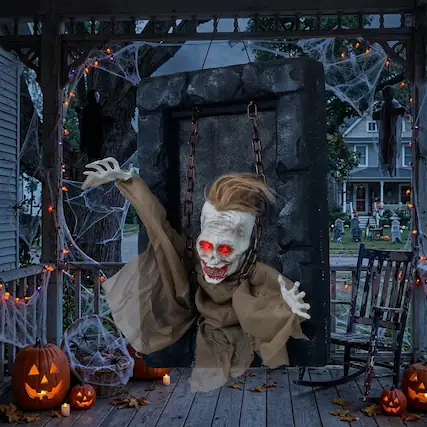 Front. WELLFOR - Animated Hanging Zombie Prisoner Halloween Decoration with Sound Activated Effects - Multicolor.