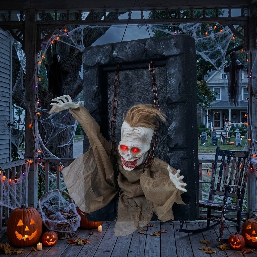Front. WELLFOR - Animated Hanging Zombie Prisoner Halloween Decoration with Sound Activated Effects - Multicolor.