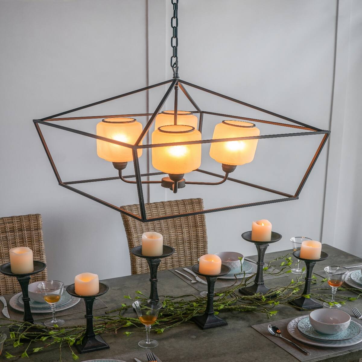 Alt View 7. Loheer - Loheer Black Iron Chandelier, Rectangle Glass Shade Industrial Hanging Light Fixture for Dining Room.