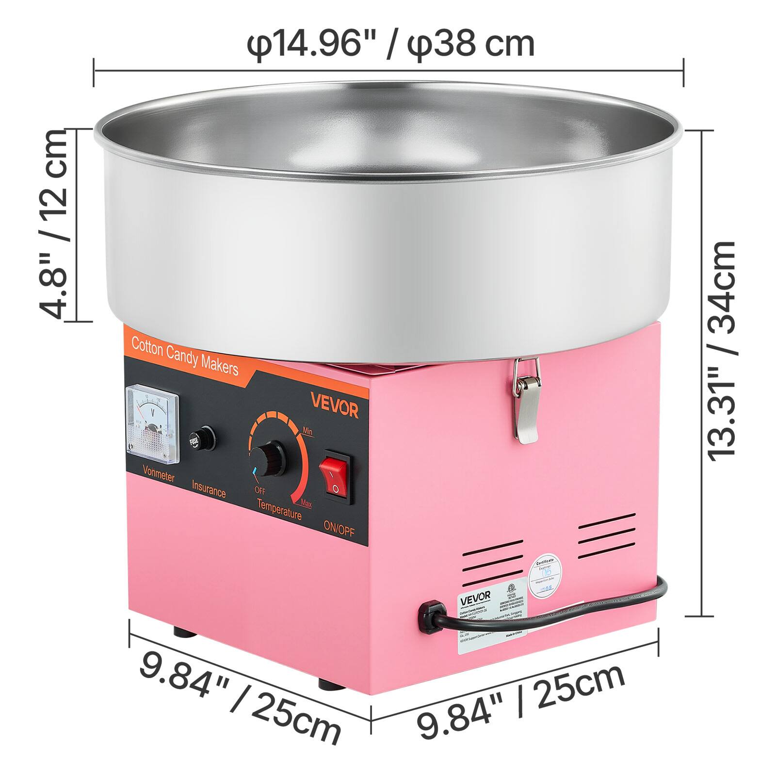 Cotton Candy Makers

VEVOR

Vonmeter
Insurance
Temperature
ON/OFF

34cm / 13.31"
9.84" / 25cm
9.84" / 25cm

4.8" / 12 cm
φ14.96" / φ38 cm