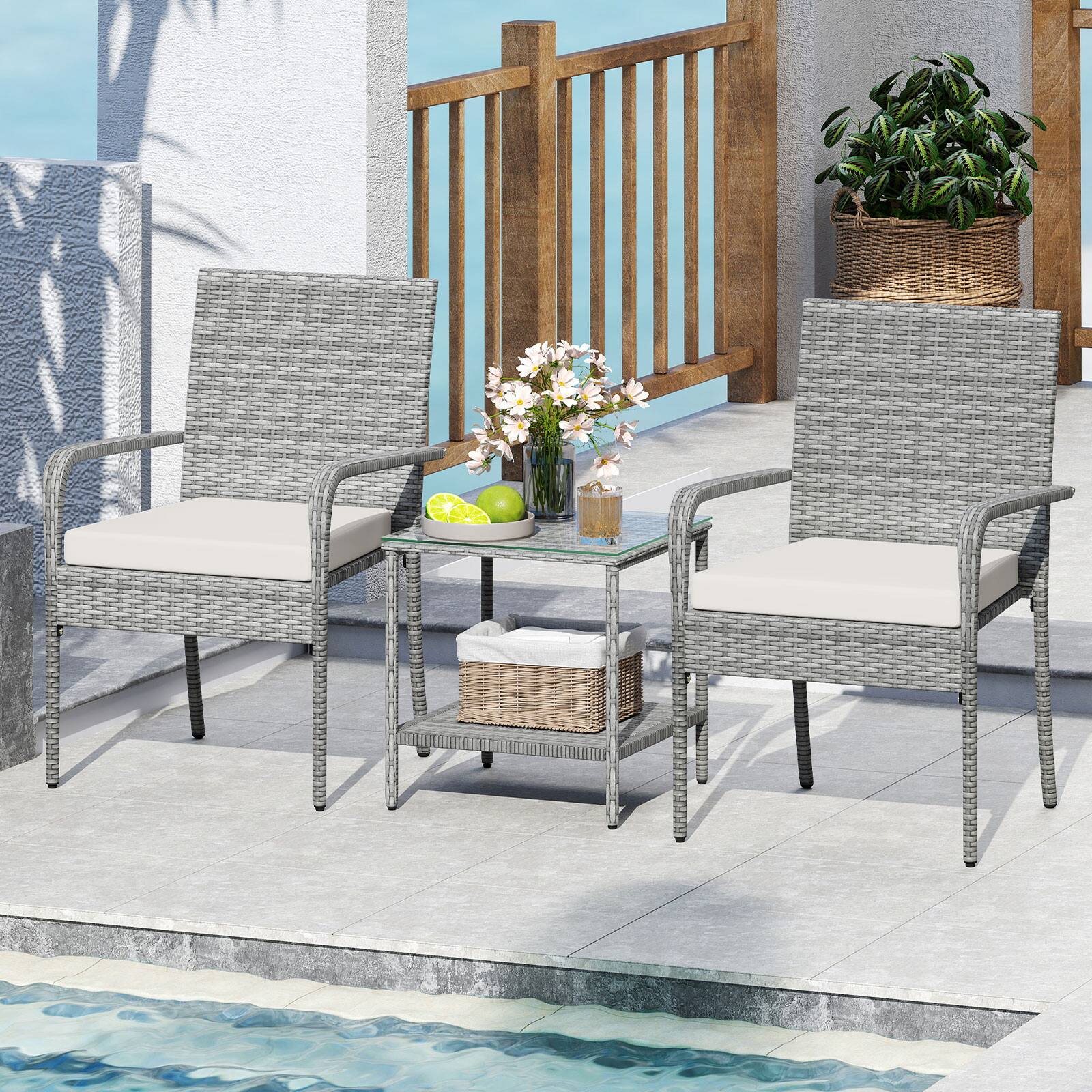 Alt View 1. Gymax - Gymax 3 Pieces Patio Furniture Set PE Rattan Porch Chairs w/ 2-Tier Table White - White.