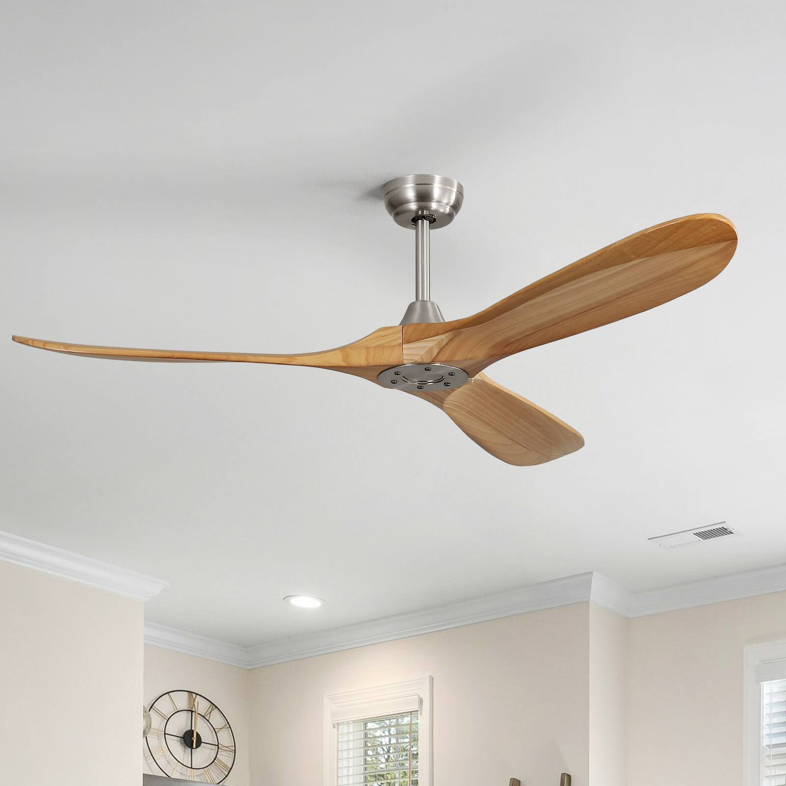 Alt View 1. Sofucor - Sofucor 60 Inch Modern Ceiling Fan No Light DC Motor 3 Solid Wood Blades Ceiling Fan With Remote Farmhouse Ceiling Fans - Nickel Wood.