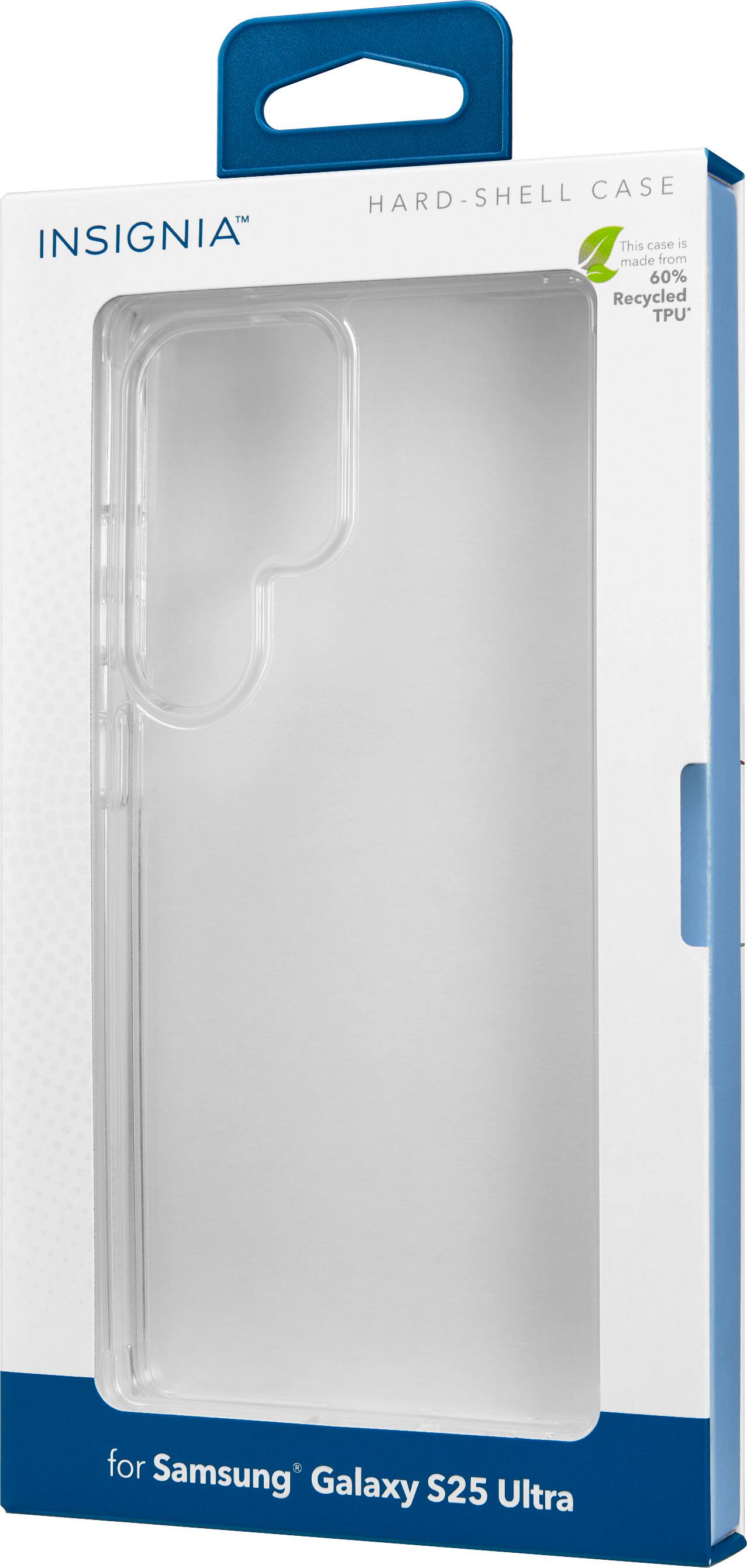 The text on the image reads: "HARD-SHELL CASE HARD SHELL CASE INSIGNIA This made case from is 60% Recycled TPU* for Samsung Galaxy S25 Ultra."