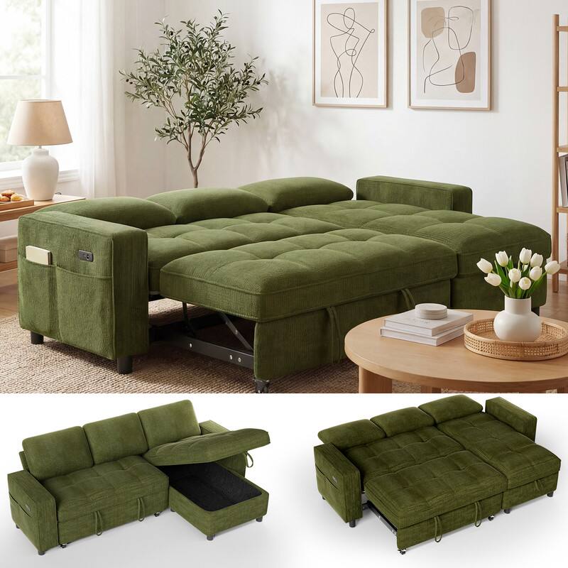 Alt View 1. Dyonery - Dyonery 81" Sleeper Sofa, Convertible Sofa Bed with Storage, Sectional Couch L Shaped 3 Seat Sectional Sleeper Sofa - Green.