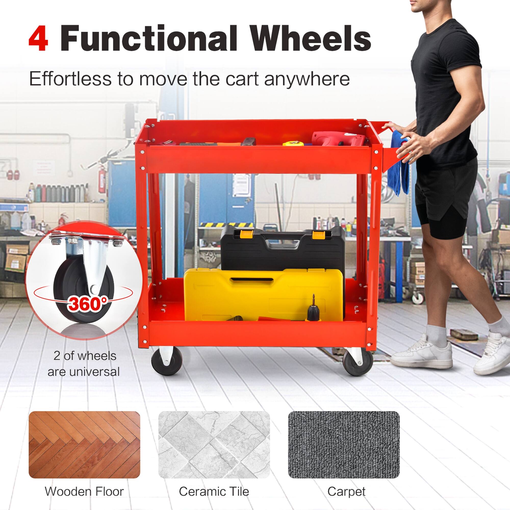 4 Functional Wheels  
Effortless to move the cart anywhere  

360°  
2 of wheels are universal  

Wooden Floor  
Ceramic Tile  
Carpet