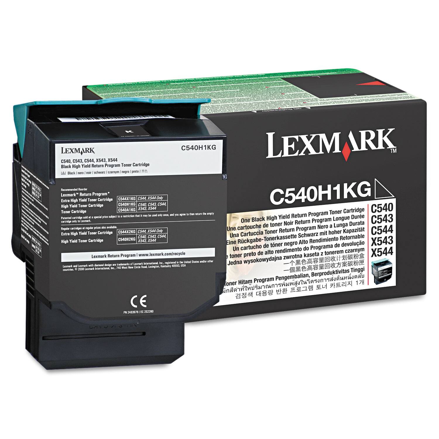 LEXMARK  
C540H1KG  
C540, C543, C544, X543, X544 Toner Cartridge  
Black High Yield Return Program Toner Cartridge  

Recommended Reorder:  
Lexmark® Return Program  
C540H1KG Only  
Extra High Yield Toner Cartridge  
C540H1KG Only  
High Yield Toner Cartridge  
C540, C543, C544  

Permanent Cartridge sold at a special price is intended to be used only once. If you agree to return the empty cartridge, you may purchase it at a lower price.  

Lexmark Return Program www.lexmark.com/recycle  

Lexmark International, Inc. is a Delaware corporation, registered in the United States and other countries. © 2008 Lexmark International, Inc. All rights reserved.  

CE  

C540H1KG  
C540  
C543  
X543  
X544  

Lexmark  
C540H1KG  
C540  
C543  
X543  
X544  

Lexmark Black