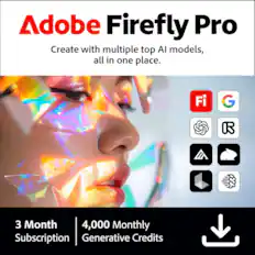 Adobe Firefly Pro
Create with multiple top AI models, all in one place.
3 Month Subscription
4,000 Monthly Generative Credits