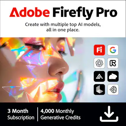 Adobe Firefly Pro
Create with multiple top AI models, all in one place.
3 Month Subscription
4,000 Monthly Generative Credits
