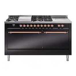 ILVE - Nostalgie II 60 inch Dual Fuel Range with 7 Burners + Griddle (Natural Gas, Glossy Black, Copper Trim) - Glossy Black