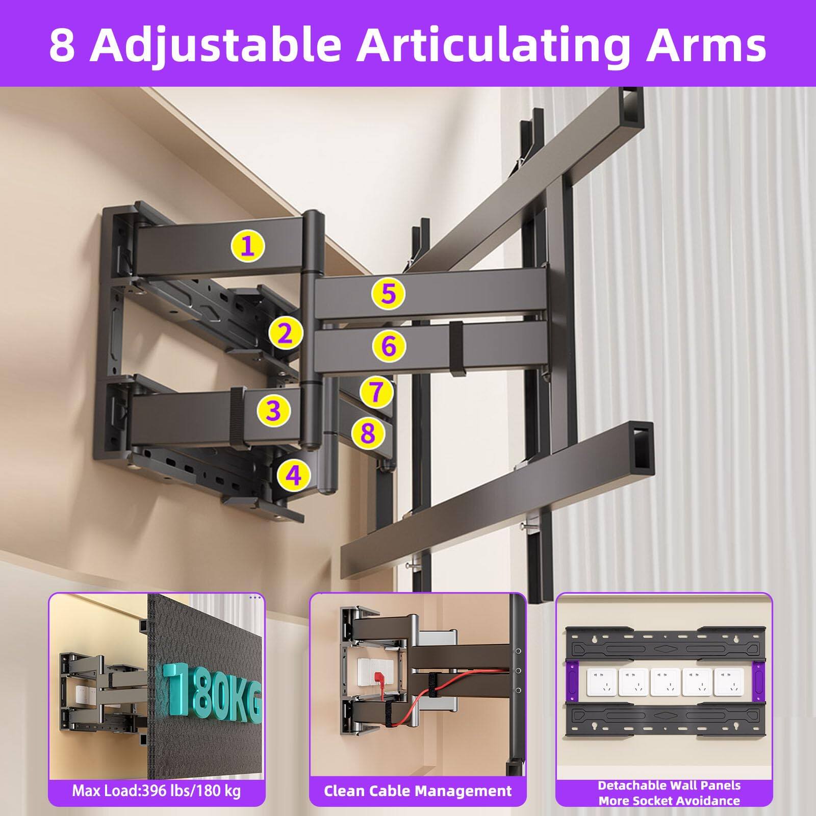 8 Adjustable Articulating Arms

1. 180KG Max Load: 396 lbs/180 kg
2. Clean Cable Management
3. Detachable Wall Panels
4. More Socket Avoidance
