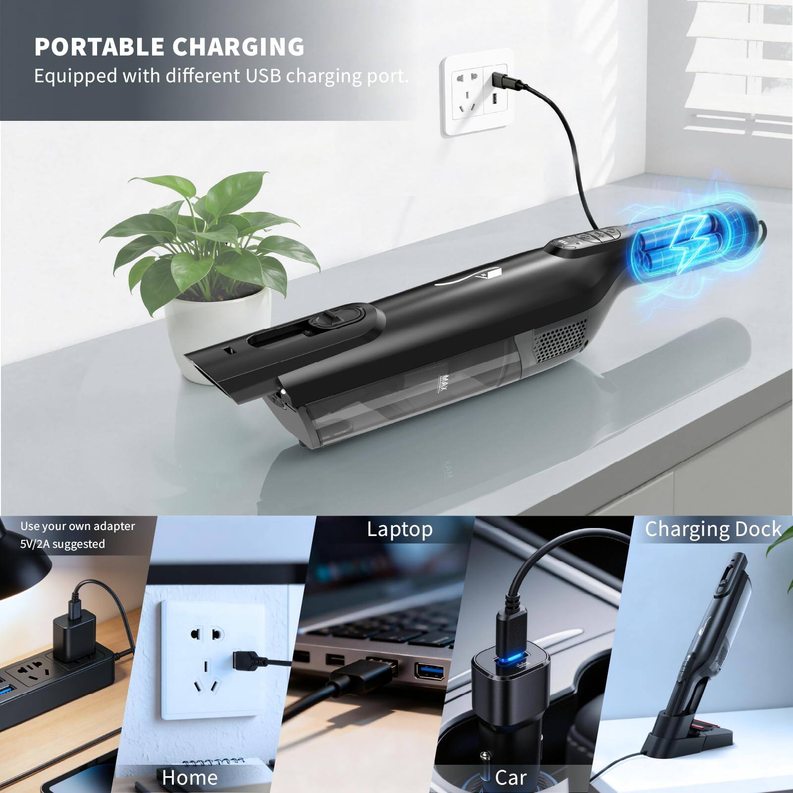 PORTABLE CHARGING  
Equipped with different USB charging port.

Use your own adapter 5V/2A suggested

Laptop Charging Dock - SIE Home Car