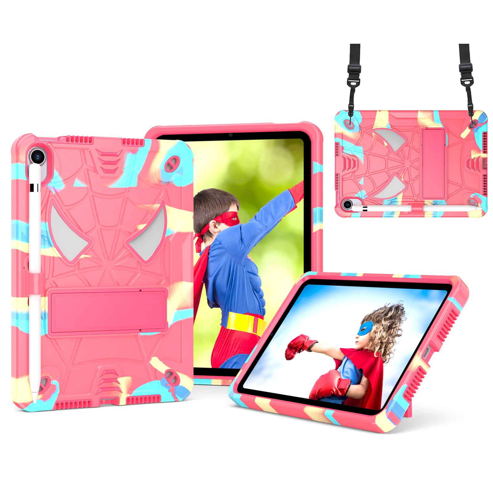 Angle. UUCOVER - Kids Case for iPad mini (A17 Pro) 8.3-inch 2024/iPad mini 6th Gen Shockproof Silicone+PC Stand Cover with Shoulder Strap - Colorful.